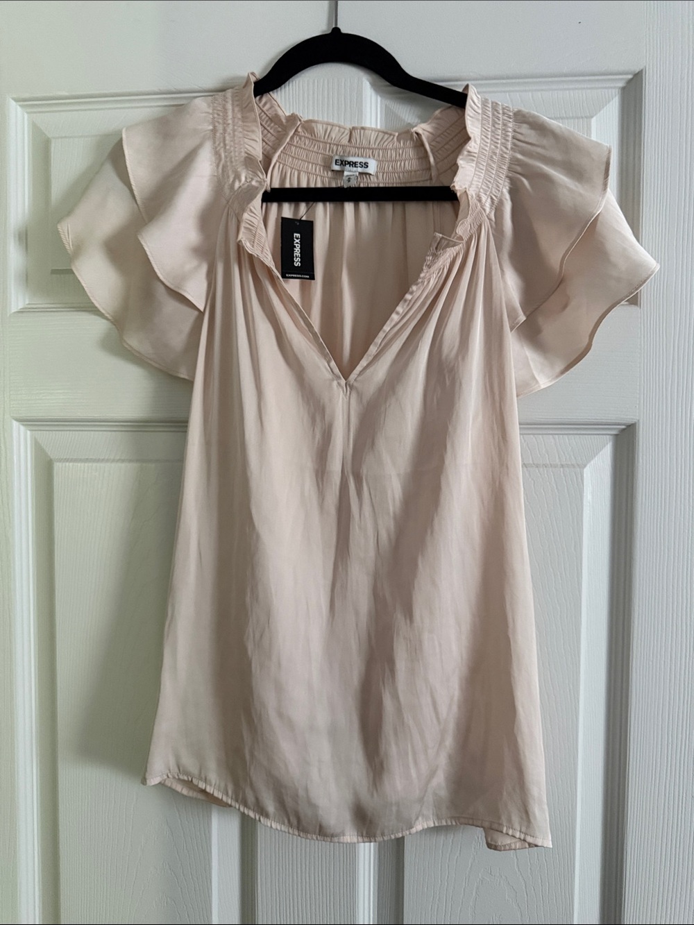 Express Women's Light Cream Flutter Sleeve V-Neck Blouse
